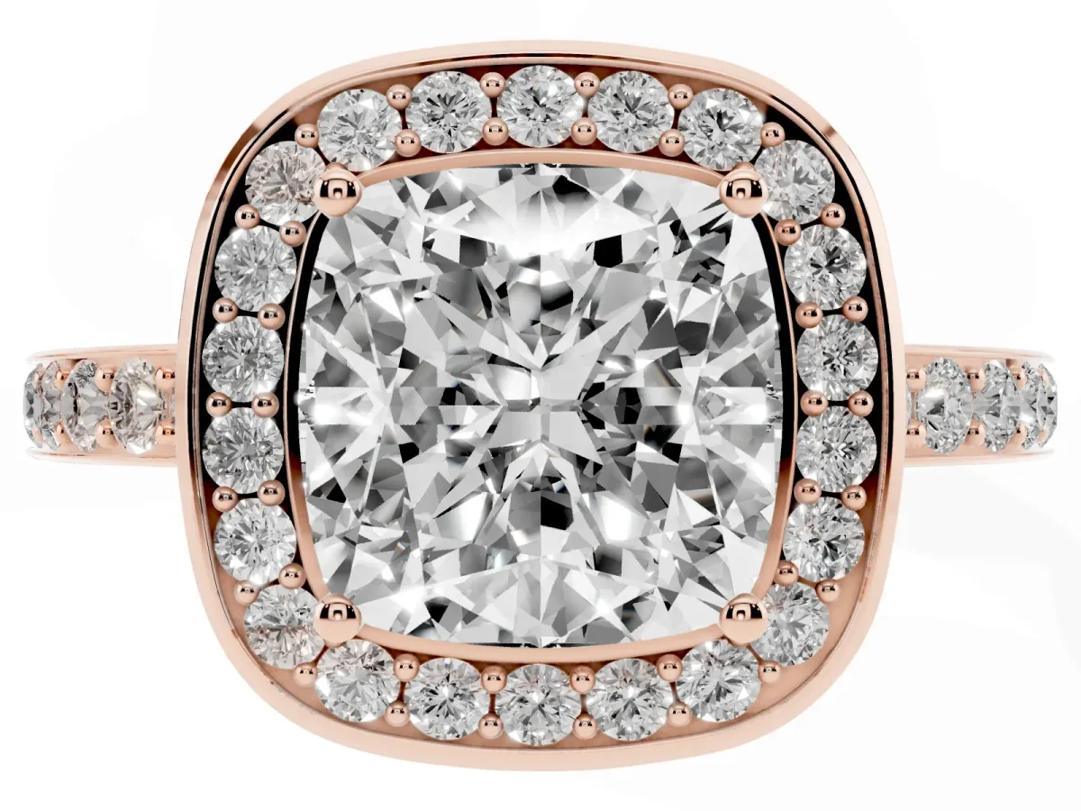 Cushion Cut Diamond Halo Ring with Bezel Frame and Pavé Band Rose gold