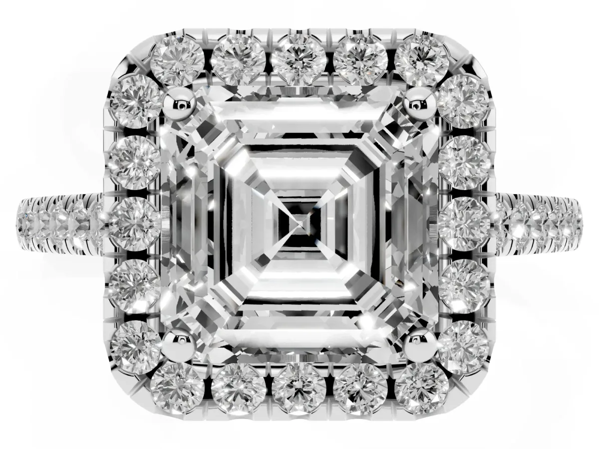 Asscher Cut Halo Pavé Diamond Engagement Ring with Four-Prong Setting Silver