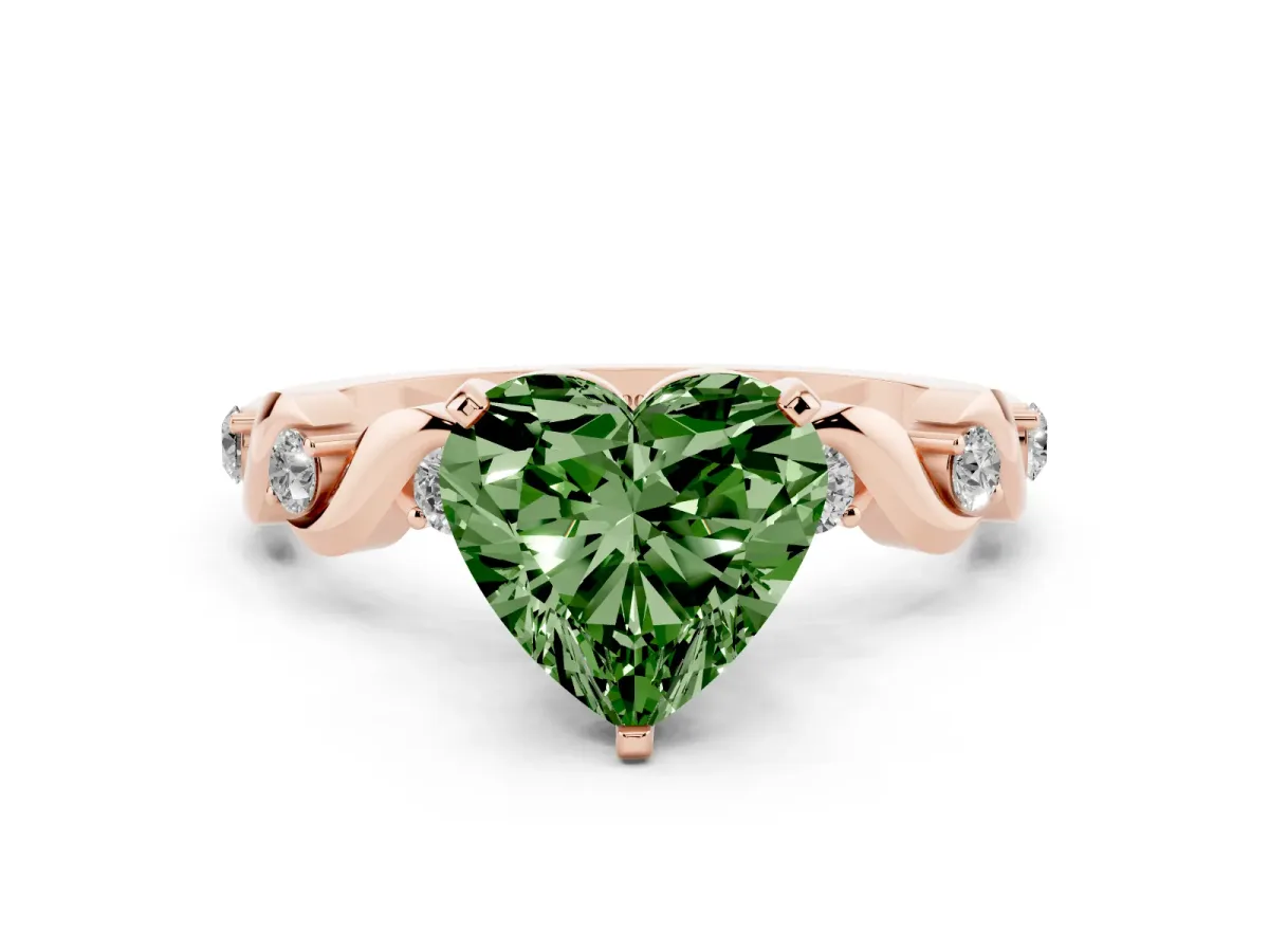 Fancy Green Heart Cut Diamond Solitaire Twisted Band with Round Accents and Prong Setting Rose gold