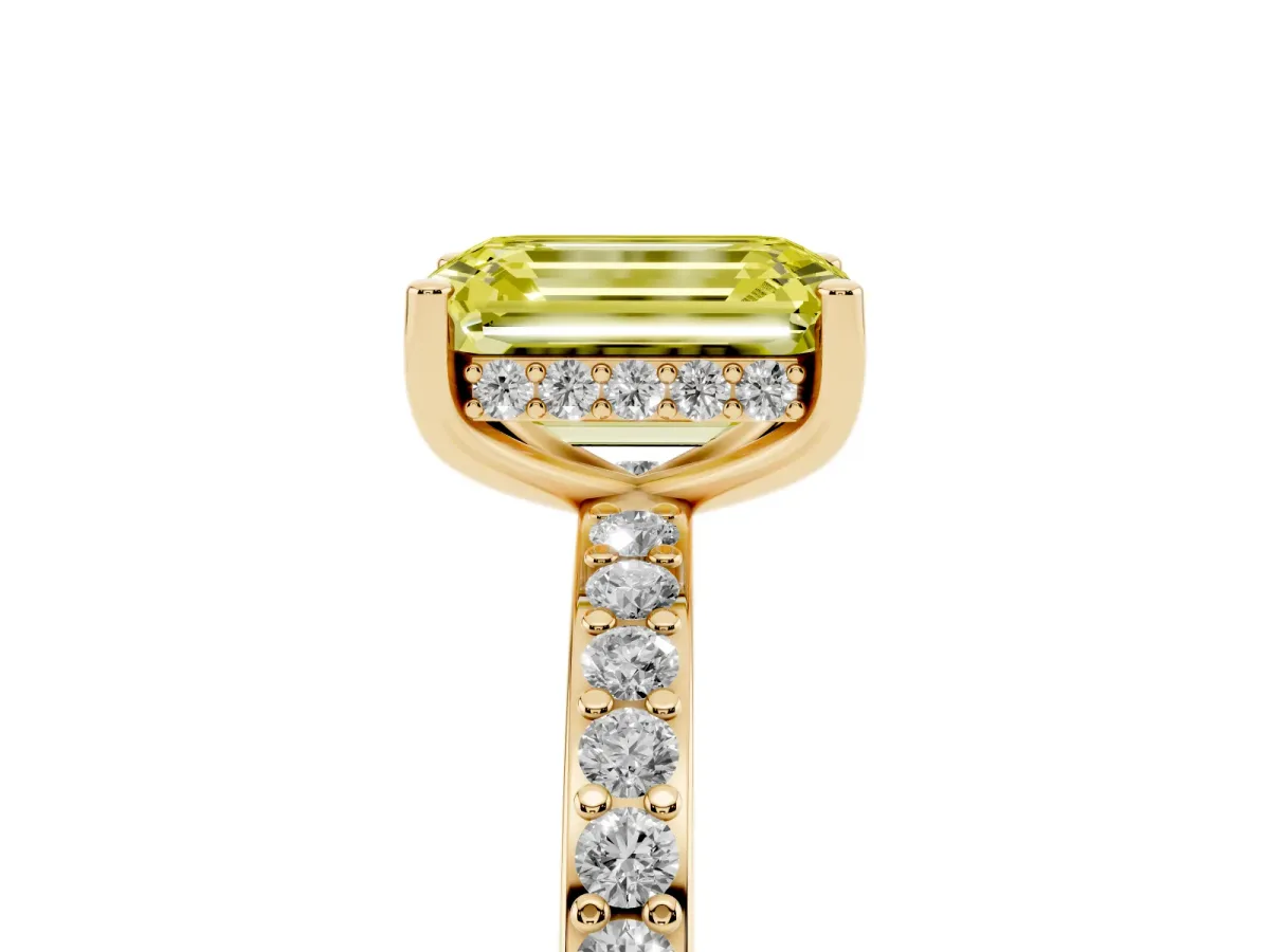 Fancy Yellow Emerald Cut Cut Diamond Pavé Band Ring with Four-Prong Setting Yellow gold