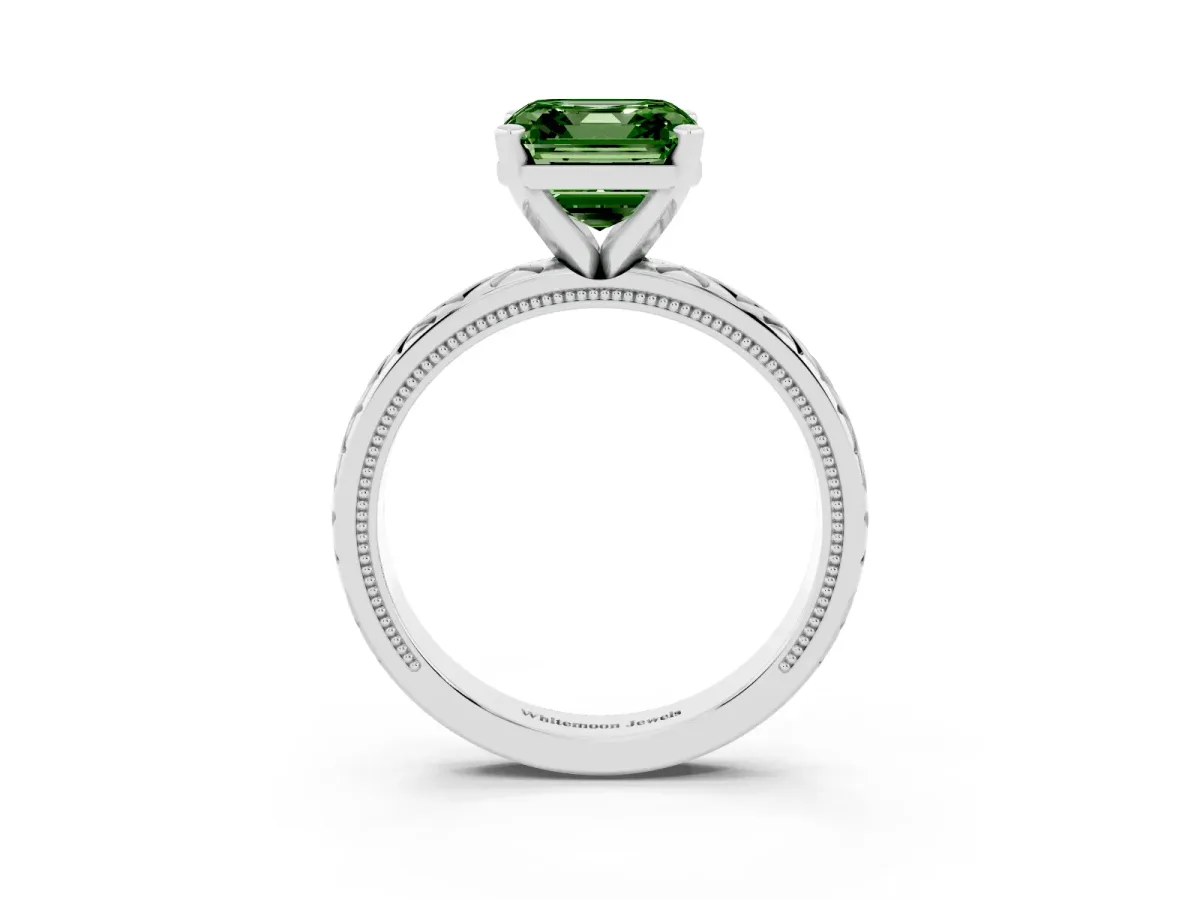 Fancy Green Asscher Cut Solitaire Diamond Ring with Milgrain and Black Enamel X Pattern Band Silver