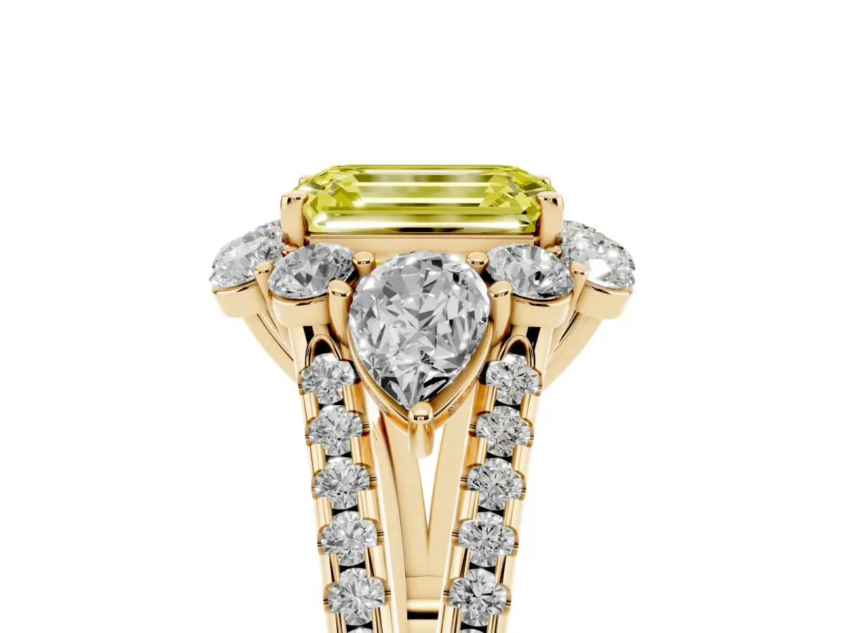 Fancy Yellow Emerald Cut Halo Split Shank Diamond Engagement Ring with Prong Setting Yellow gold