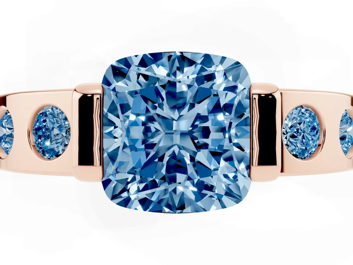 Fancy Blue Cushion Cut Brilliant Channel-Set Diamond Ring with Bezel Prong Setting Rose gold