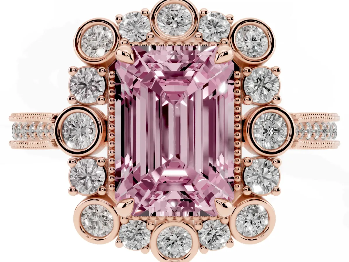 Fancy Pink Emerald Cut Halo Milgrain Pave Diamond Ring with Four-Prong Setting Rose gold