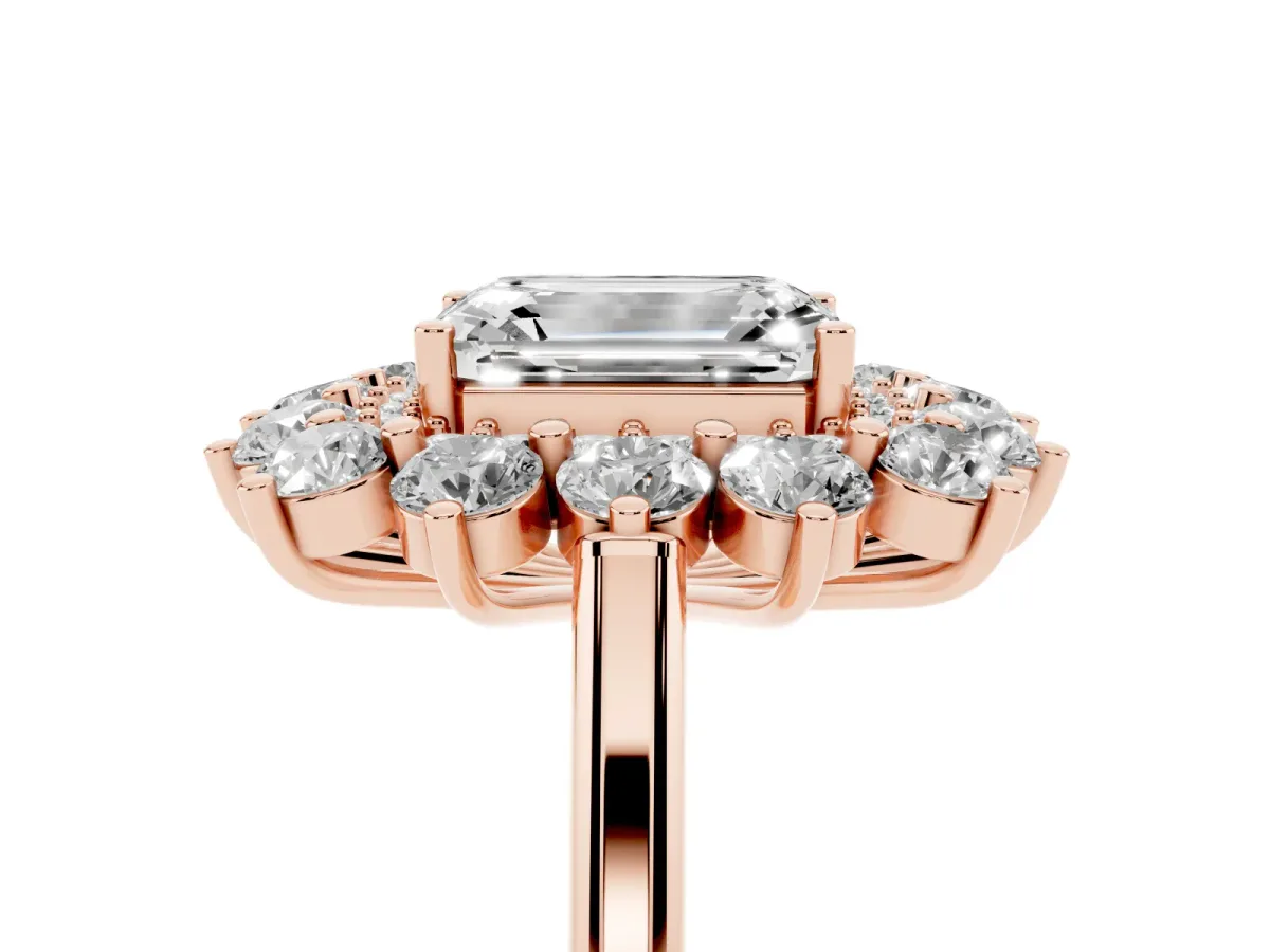 Emerald Cut Diamond Floral Double Halo Engagement Ring with Prong Setting Rose gold