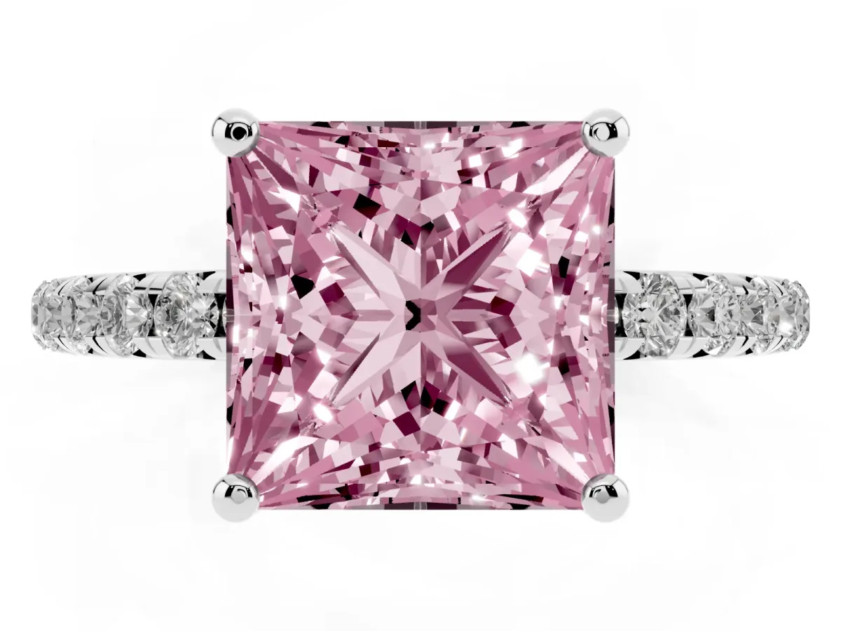 Fancy Pink Princess Cut Cut Diamond Solitaire Ring with Micro Pave Band and Four Prong Setting Silver