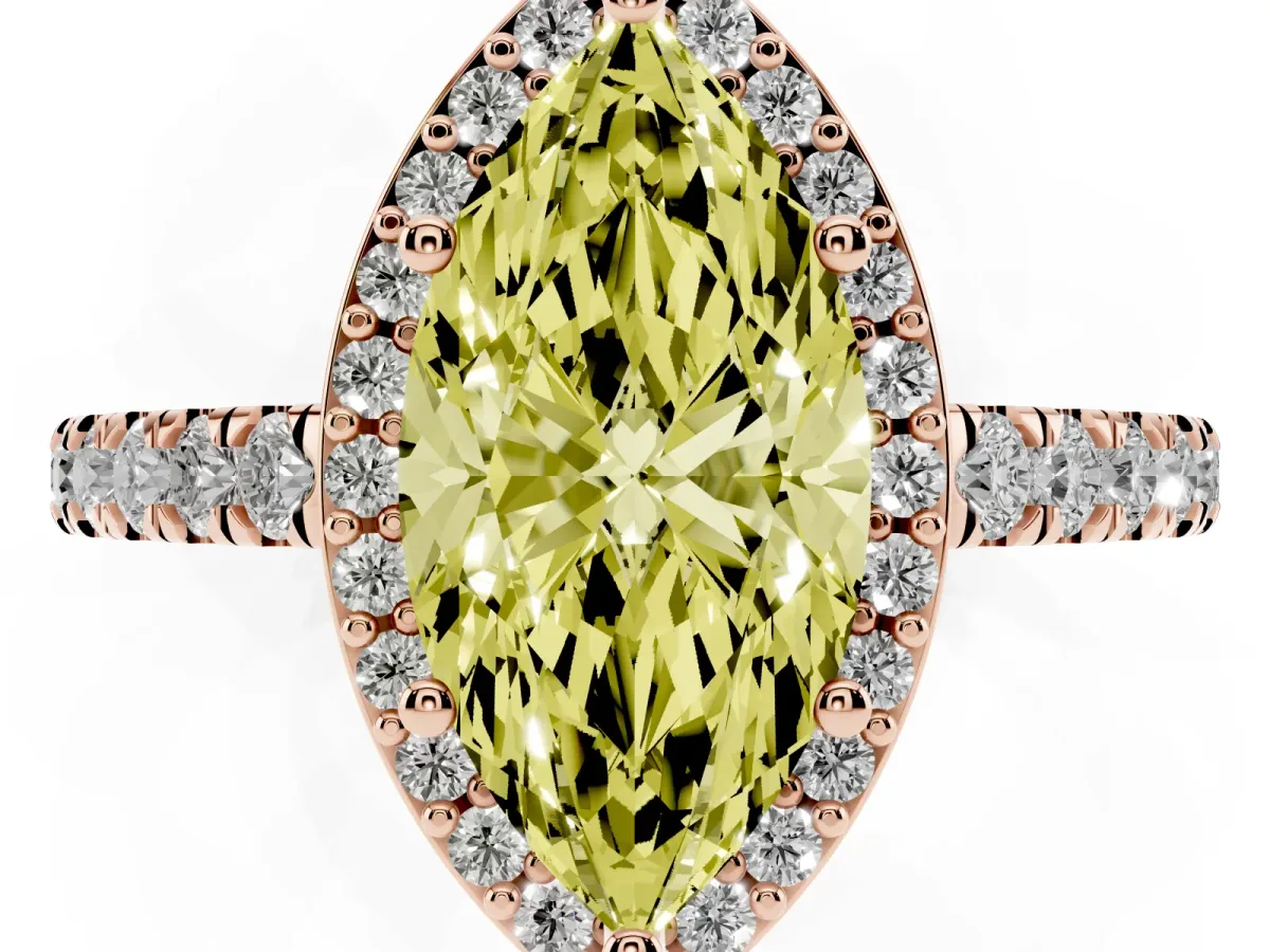 Fancy Yellow Marquise Cut Cut Halo Diamond Engagement Ring with Pave Band and Four-Prong Setting Rose gold