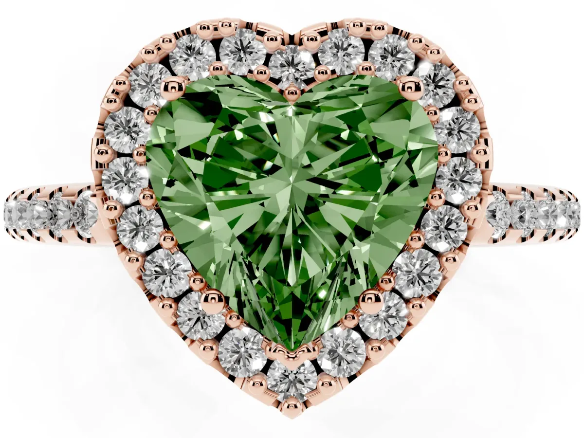 Fancy Green Heart Cut Diamond Pavé Halo Ring with Four-Prong Setting Rose gold