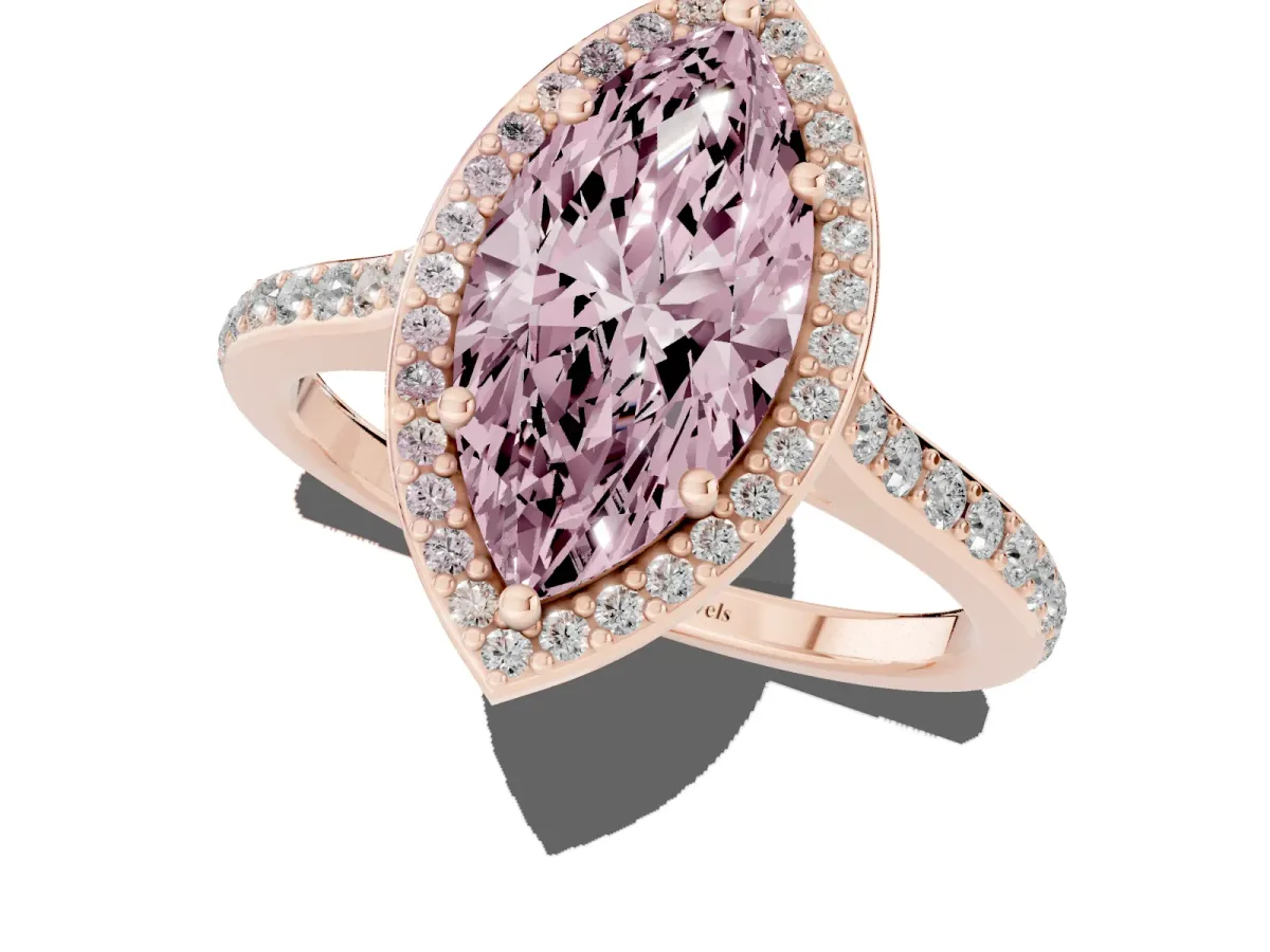 Fancy Pink Marquise Cut Diamond Halo Engagement Ring with Round Pavé Shoulders and Prong Setting Rose gold