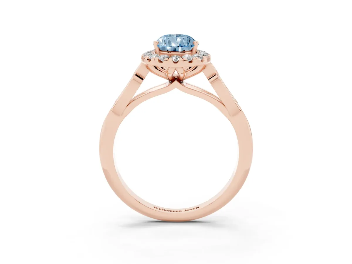 Fancy Blue Pear Cut Halo Diamond Engagement Ring with Filigree Band and Four-Prong Setting Rose gold