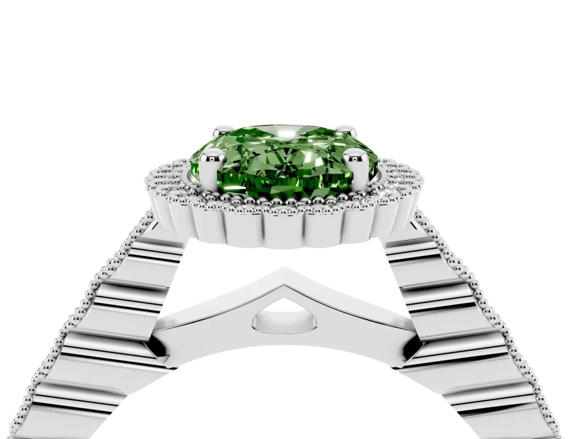 Fancy Green Oval Cut Cut Halo Pavé Solitaire Ring with Milgrain Band Silver
