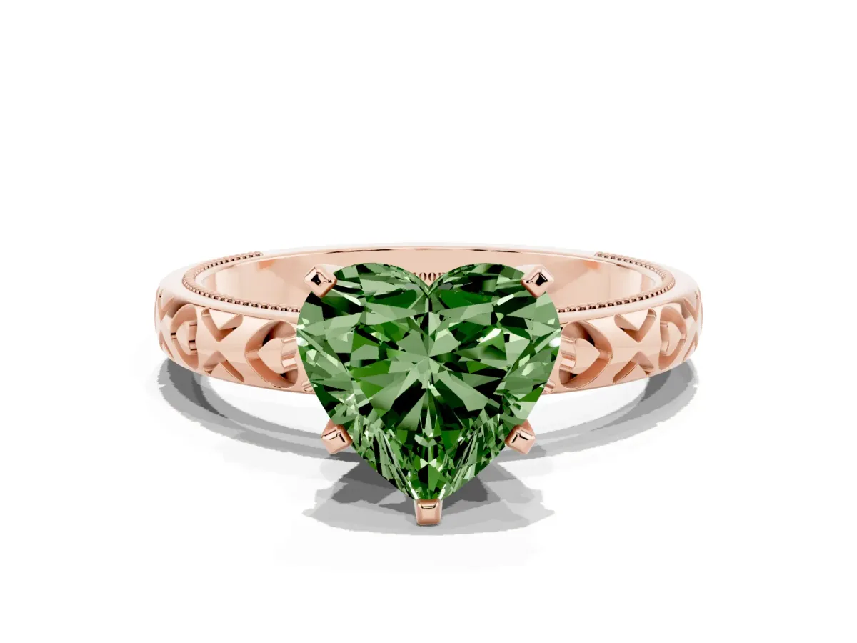 Fancy Green Heart Cut Solitaire Diamond Engagement Ring with XO Engraved Band and Four-Prong Setting Rose gold