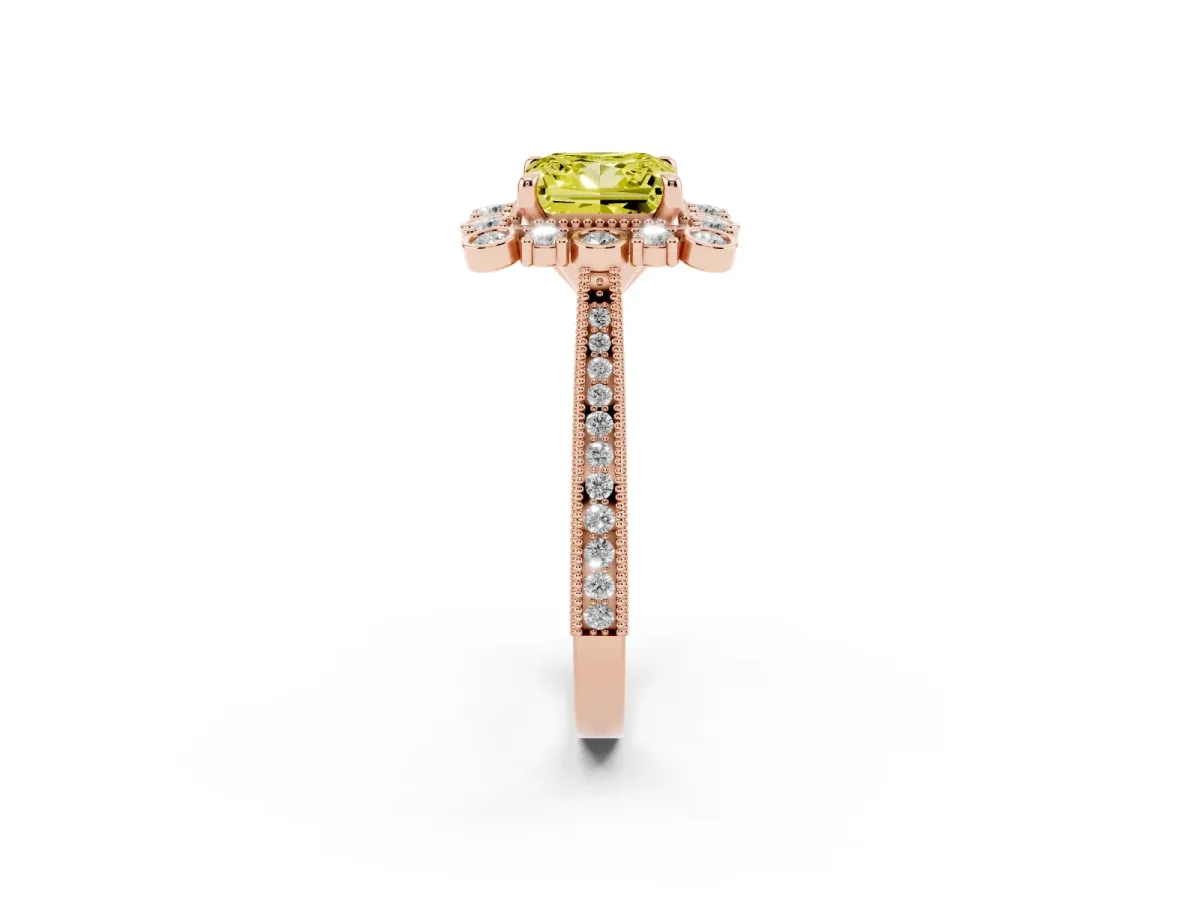 Fancy Yellow Princess Cut Halo Milgrain Pave Diamond Ring with Four-Prong Setting Rose gold