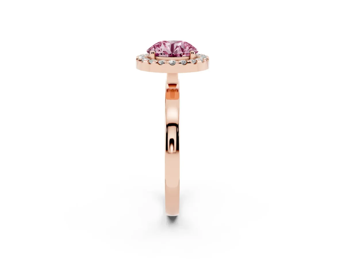 Fancy Pink Round Cut Halo Diamond Solitaire with Pavé Band and Four-Prong Setting Rose gold