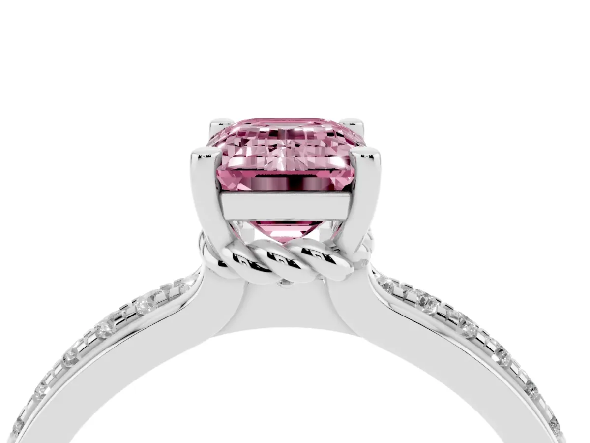 Fancy Pink Emerald Cut Solitaire Diamond Ring with Channel Set Band and Six-Prong Setting Silver