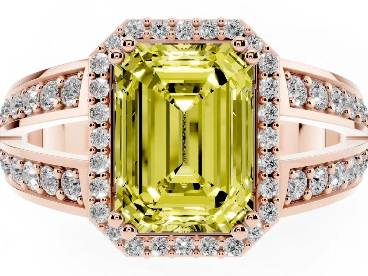 Fancy Yellow Emerald Cut Diamond Halo Ring with Split Shank Pavé Band and Four-Prong Setting Rose gold