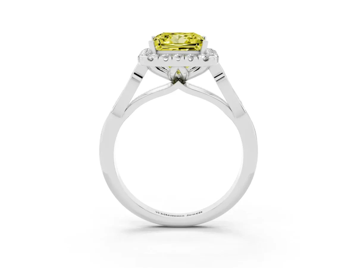 Fancy Yellow Princess Cut Halo Diamond Engagement Ring with Filigree Band and Four-Prong Setting White gold