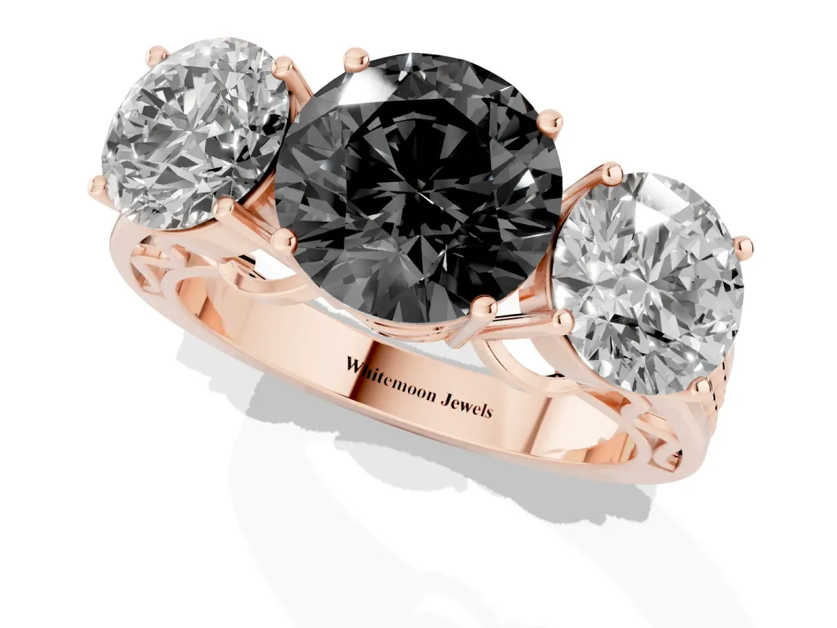 Fancy Black Round Cut Diamond Three-Stone Ring with Prong Setting and Textured Band Rose gold