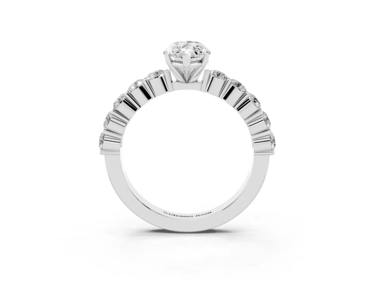 Marquise Cut Diamond Solitaire Ring with Shared Prong Round Side Stones Silver