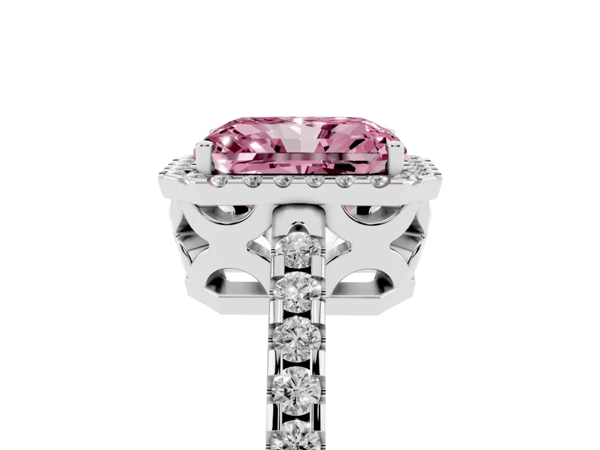Fancy Pink Radiant Cut Diamond Halo Engagement Ring with Pavé Band and Prong Setting Silver