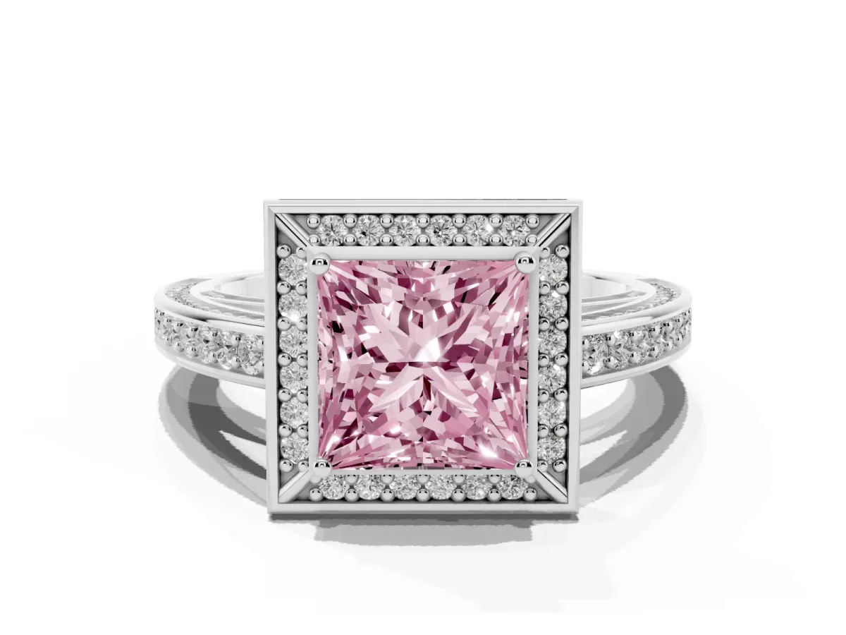 Fancy Pink Princess Cut Cut Halo Pave Split Shank Prong Setting Ring Silver