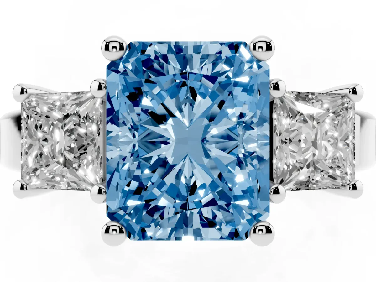 Fancy Blue Three-Stone Radiant Cut Cut Solitaire Ring with Prong Setting Silver