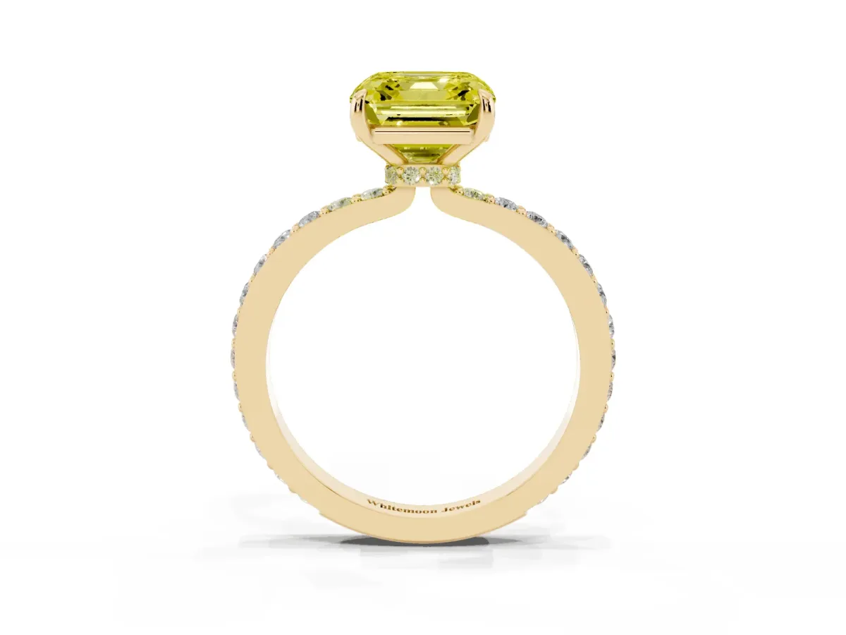 Fancy Yellow Asscher Cut Diamond Pavé Engagement Ring with Round Accents and Prong Setting Yellow gold