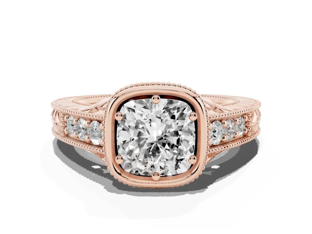 Bezel Set Cushion Cut Diamond Milgrain Pave Engagement Ring Rose gold