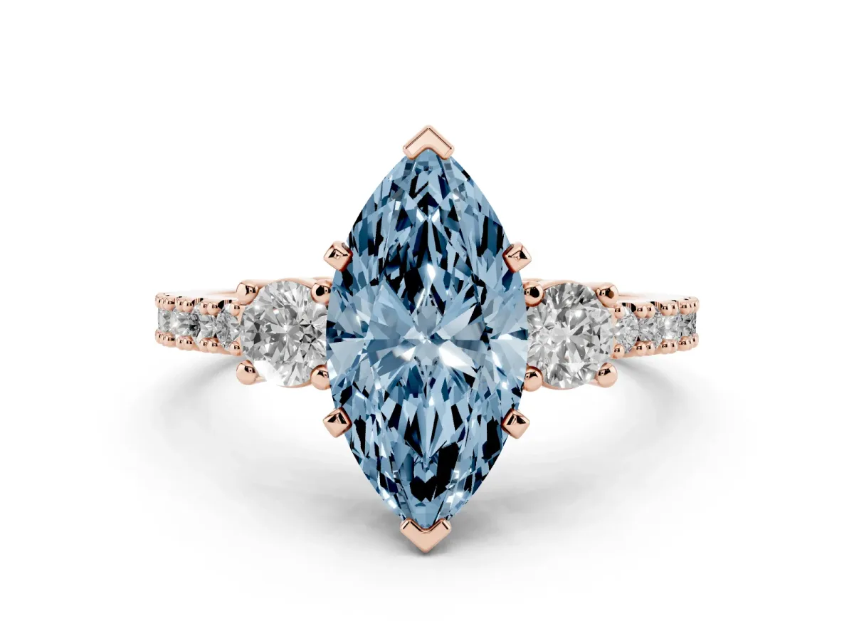 Fancy Blue Marquise Cut Three-Stone Diamond Pavé Band with Prong Setting Rose gold