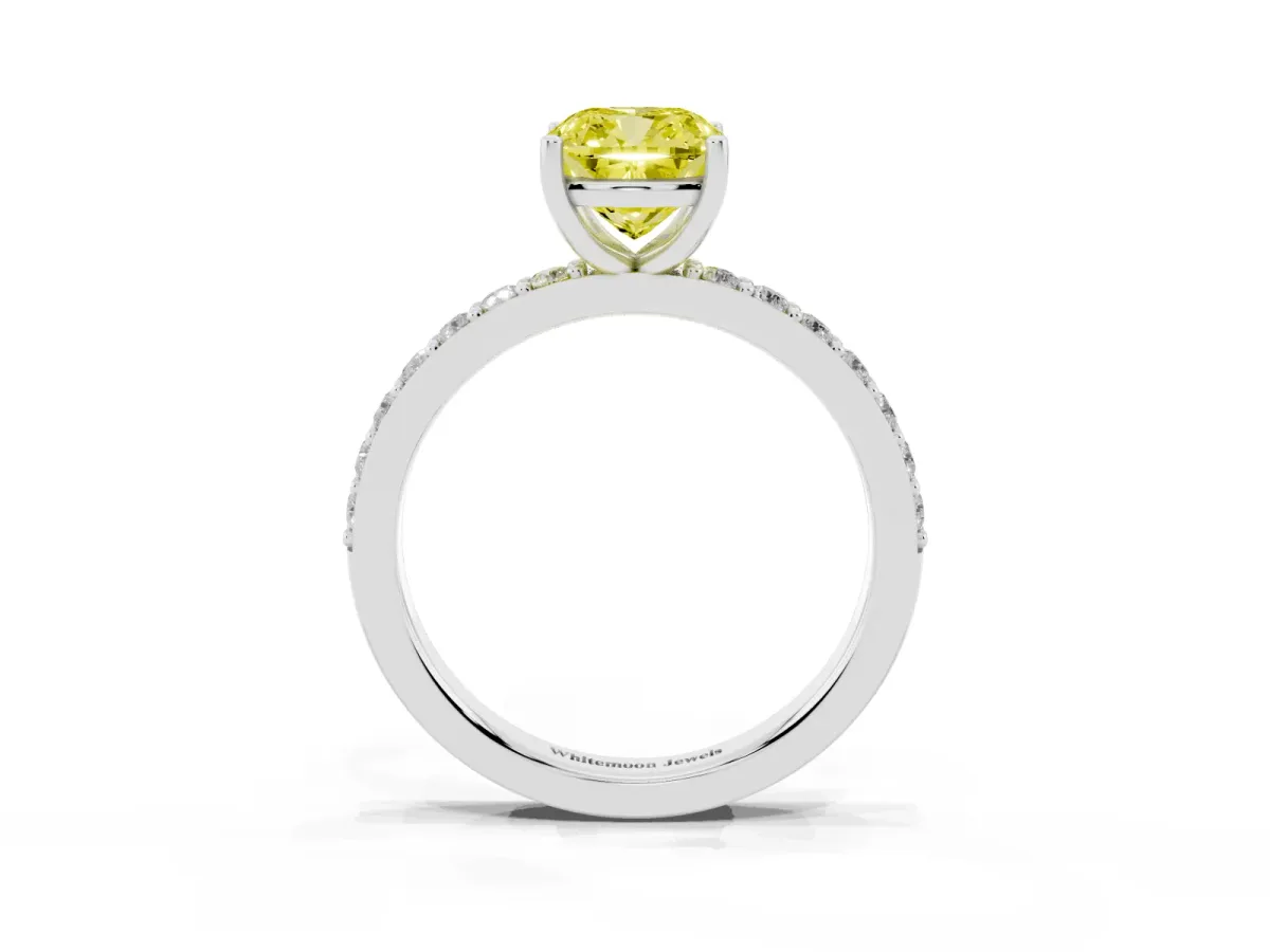 Fancy Yellow Cushion Cut Cut Diamond Solitaire with Pave Band and Four-Prong Setting Silver