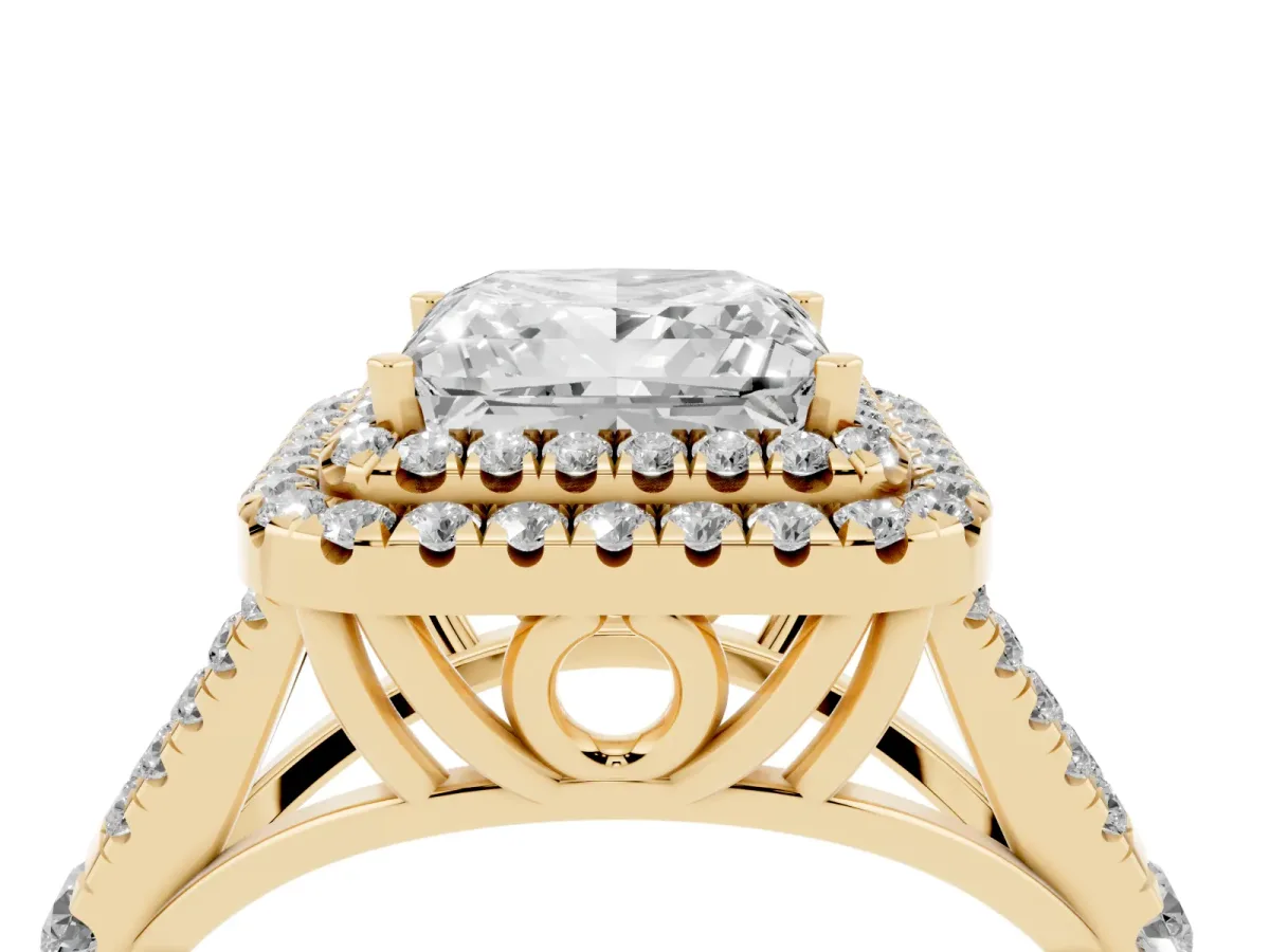 Princess Cut Diamond Double Halo Ring with Split Shank and Prong Setting Yellow gold