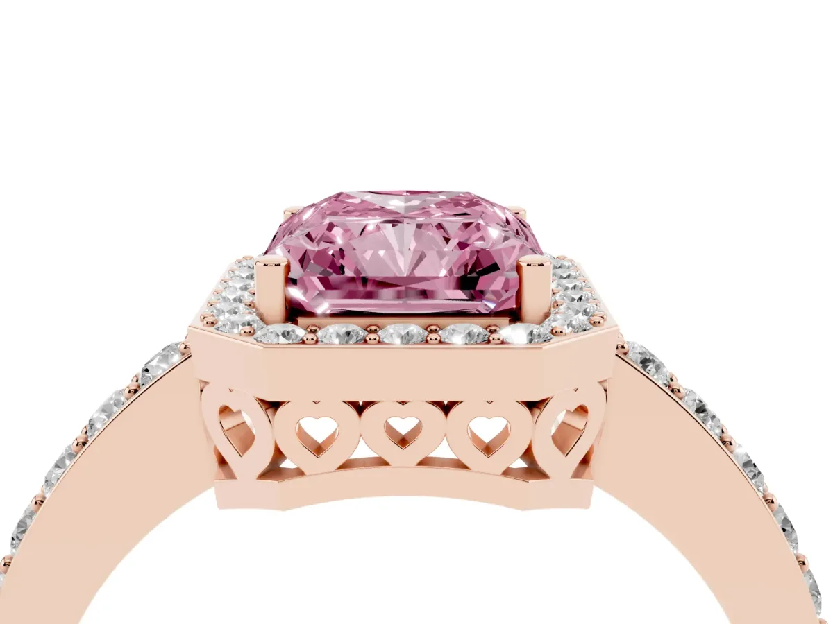 Fancy Pink Radiant Cut Halo Diamond Pavé Band Ring with Prong Setting Rose gold