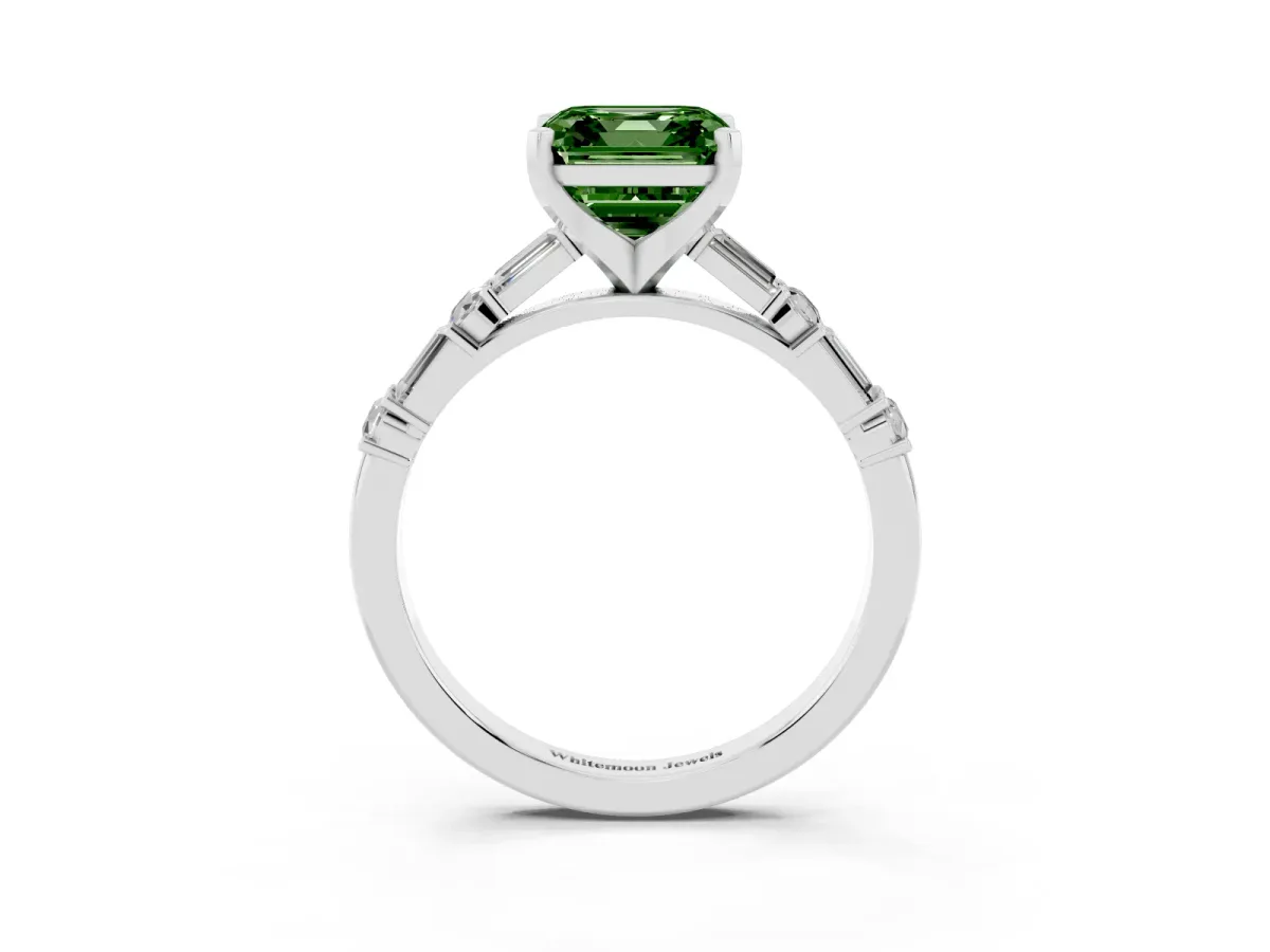 Fancy Green Asscher Cut Diamond Solitaire with Side Baguettes and Channel Set Band Silver