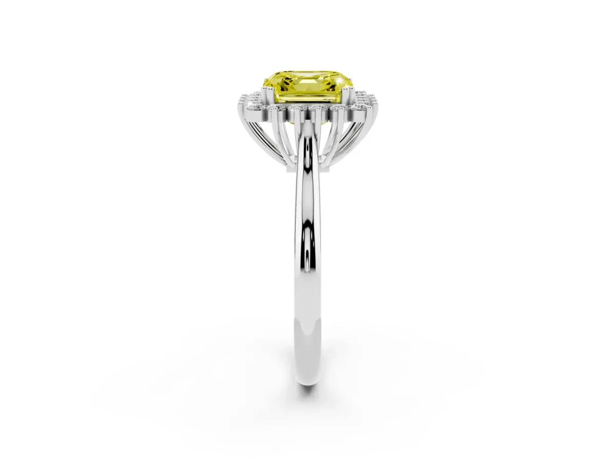 Fancy Yellow Asscher Cut Cut Diamond Halo Ring with Solitaire Band and Prong Setting White gold
