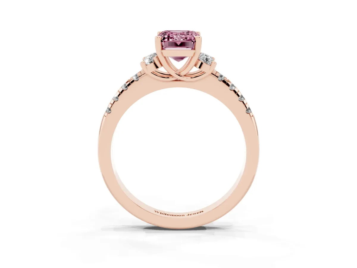 Fancy Pink Emerald Cut Diamond Three-Stone Pave Band with Four-Prong Setting Rose gold