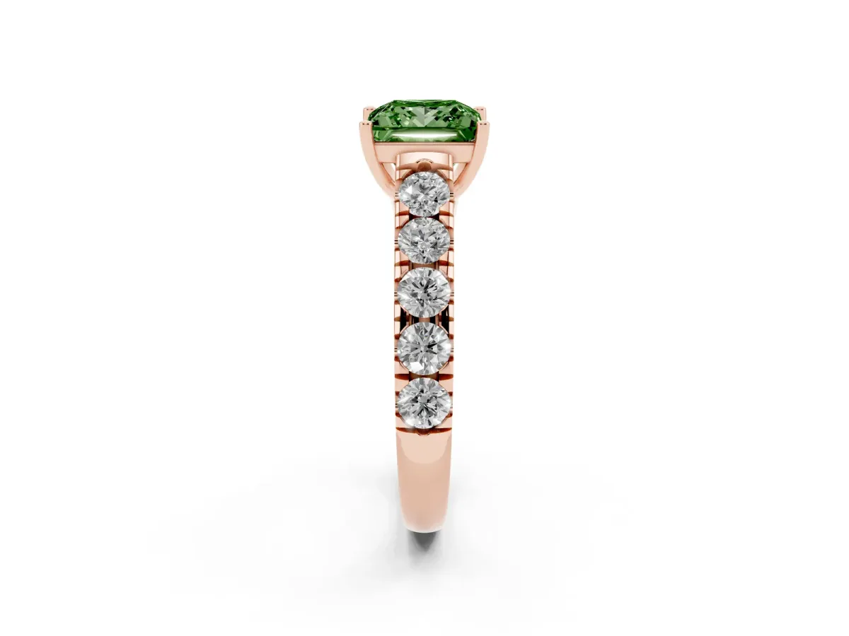 Fancy Green Princess Cut Cut Diamond Solitaire Ring with Micro Pave Band and Prong Setting Rose gold