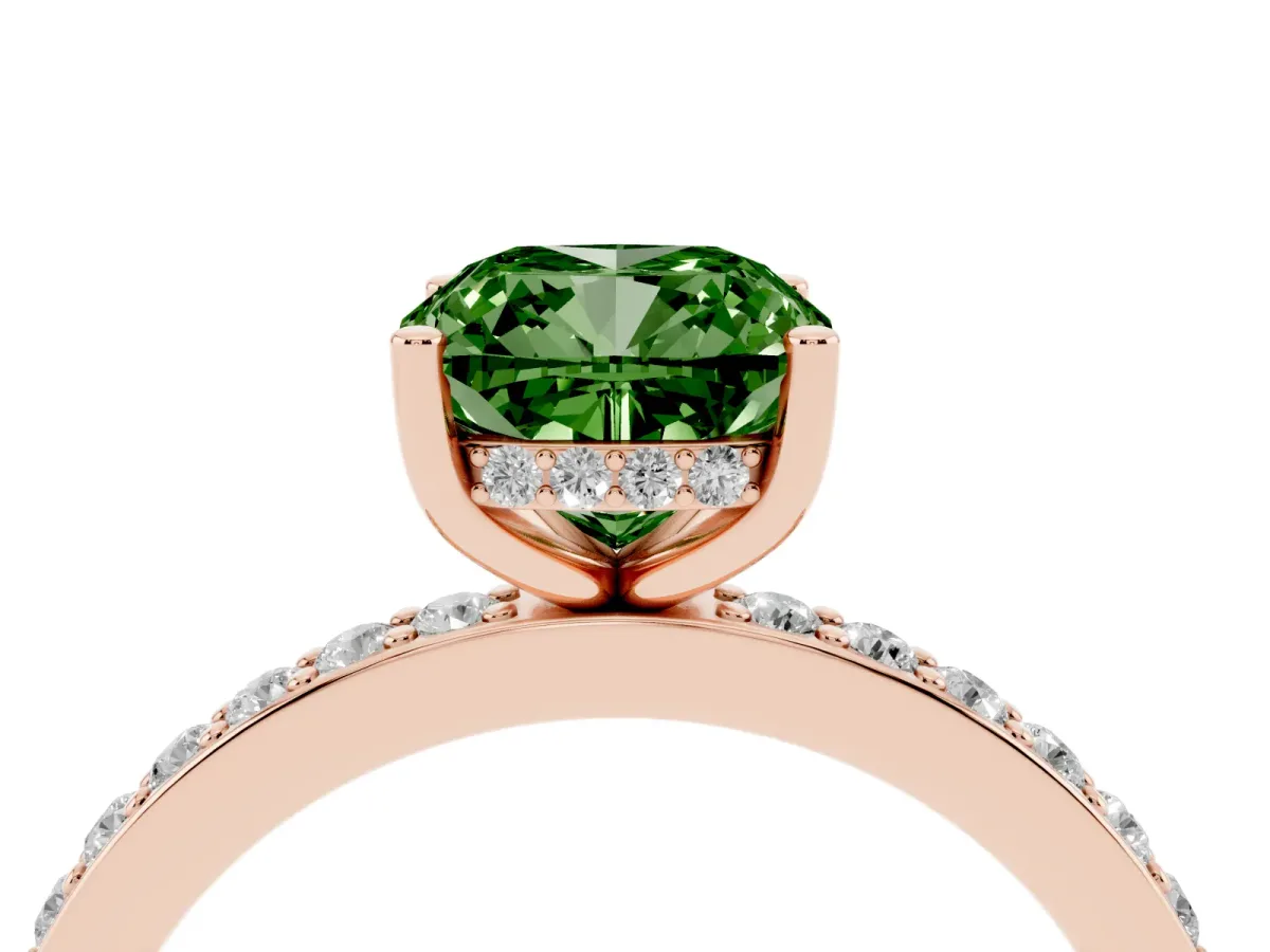 Fancy Green Cushion Cut Cut Diamond Pavé Band Ring with Four-Prong Setting Rose gold