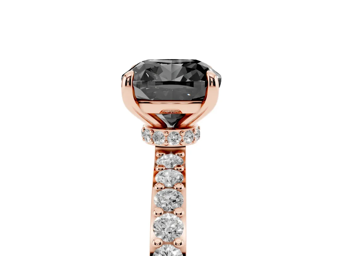 Fancy Black Cushion Cut Diamond Pavé Engagement Ring with Round Accents and Prong Setting Rose gold