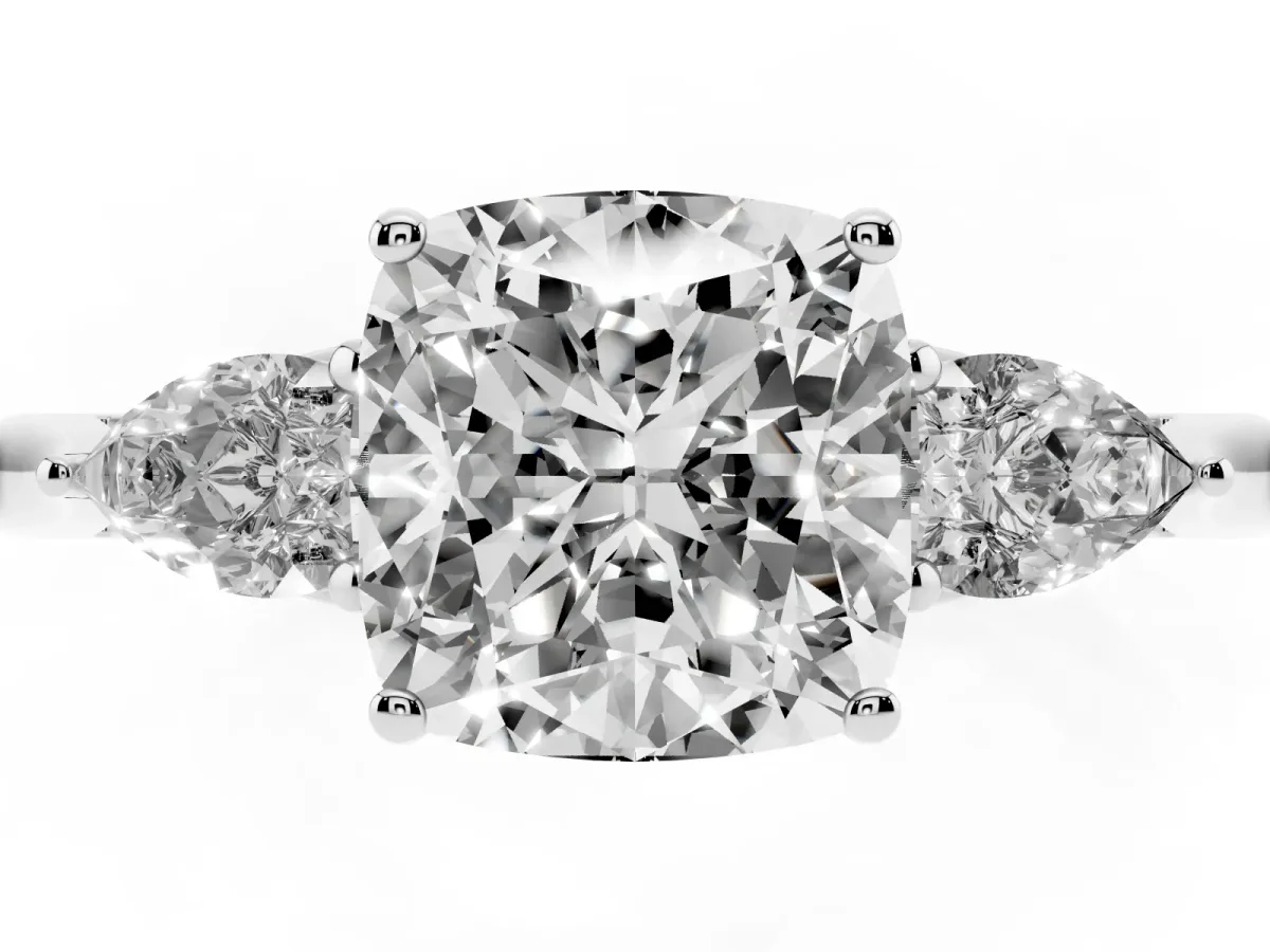 Three-Stone Cushion Cut Brilliant Diamond Solitaire Ring with Tapered Band and Four-Prong Setting Silver