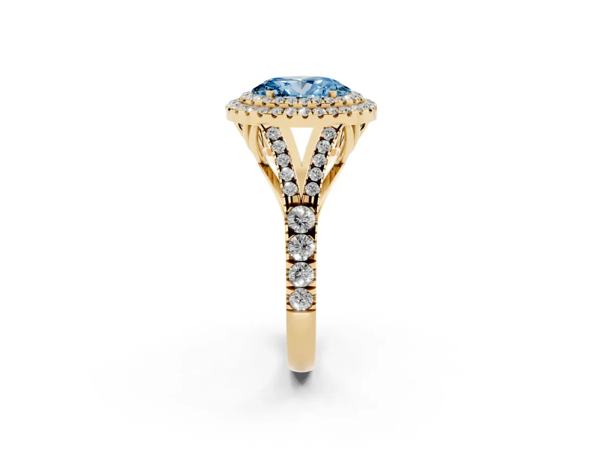 Fancy Blue Double Halo Oval Cut Diamond Split Shank Engagement Ring with Four-Prong Setting Yellow gold