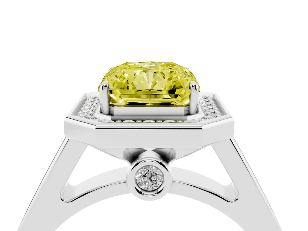 Fancy Yellow Emerald Cut Halo Solitaire Diamond Ring with Pave Band and Bezel Setting Silver