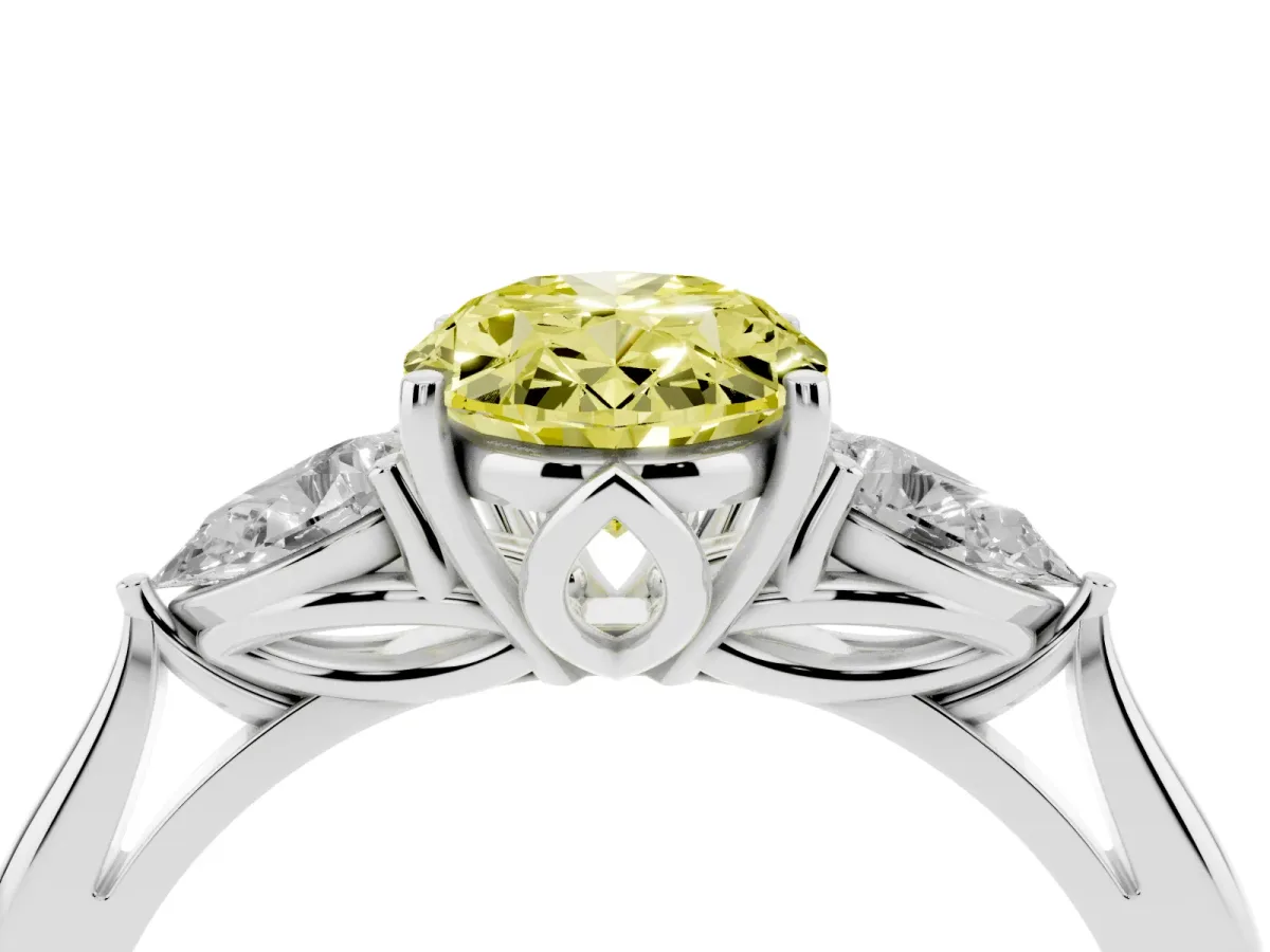 Fancy Yellow Oval Cut Diamond Three-Stone Ring with Pear Side Stones and Prong Setting Silver