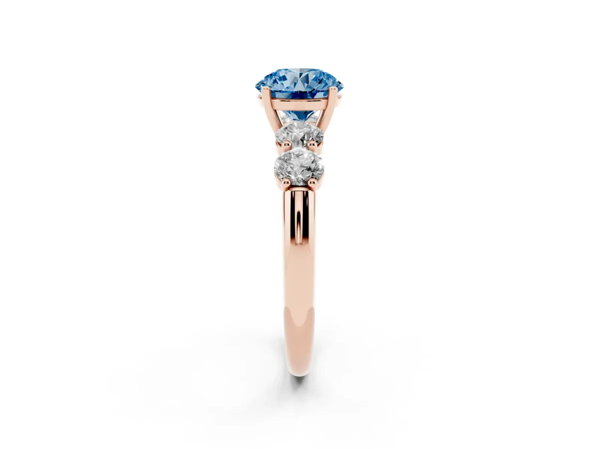 Fancy Blue Round Cut Cut Five-Stone Prong Set Diamond Ring with Classic Band Rose gold
