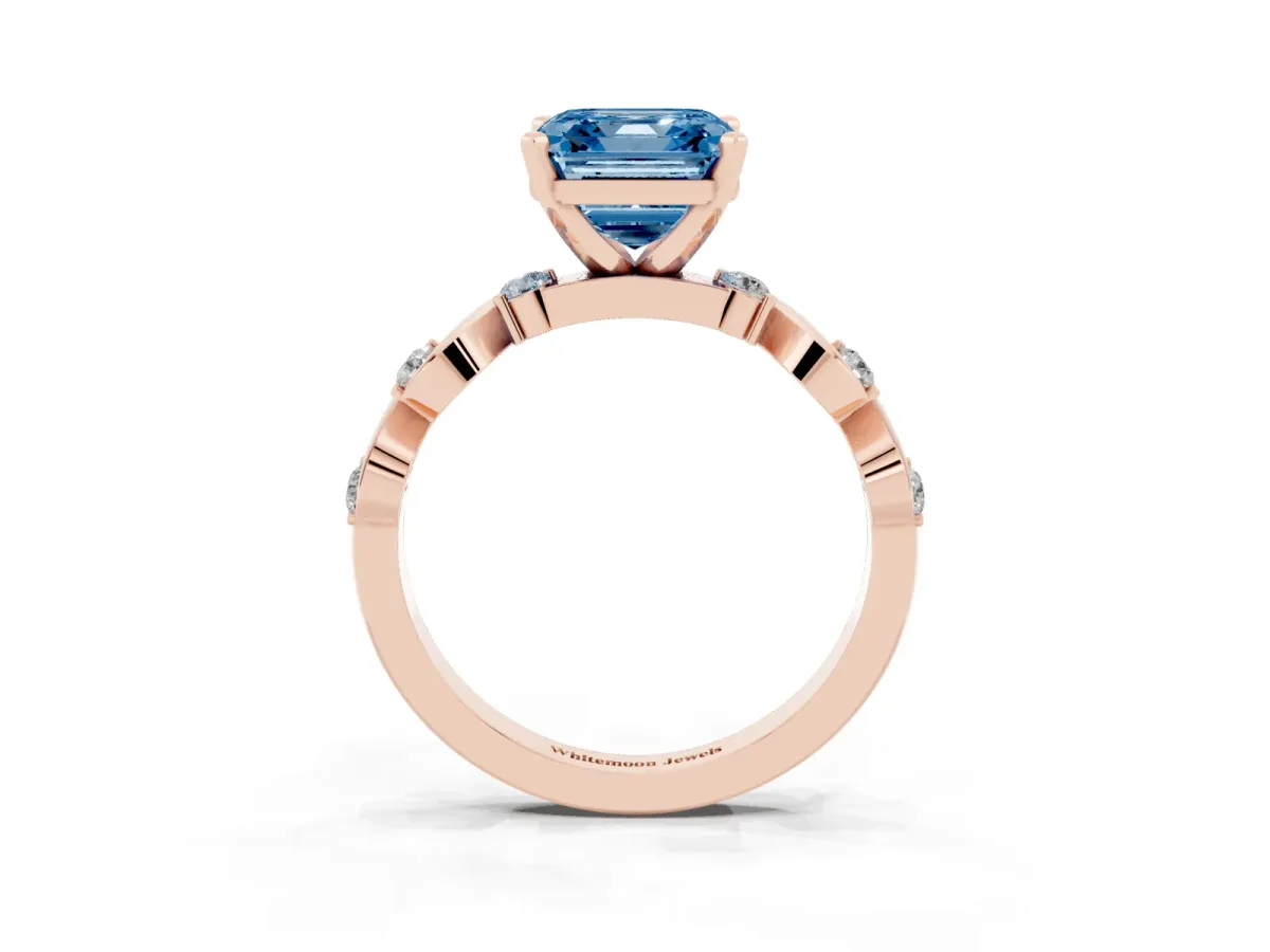 Fancy Blue Asscher Cut Diamond Solitaire Twisted Band with Round Accents and Prong Setting Rose gold