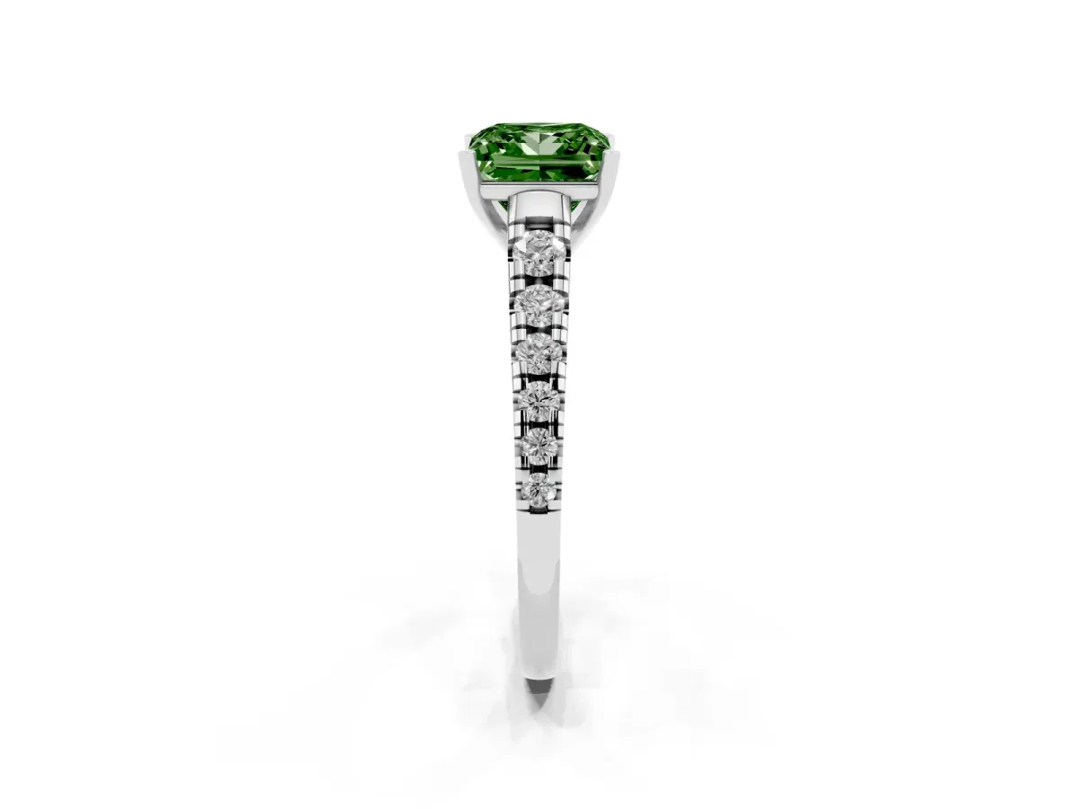 Fancy Green Princess Cut Diamond Cathedral Solitaire Ring with Round Pavé Band Silver