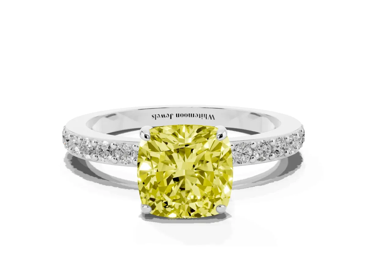 Fancy Yellow Cushion Cut Diamond Pavé Engagement Ring with Round Accents and Prong Setting Silver