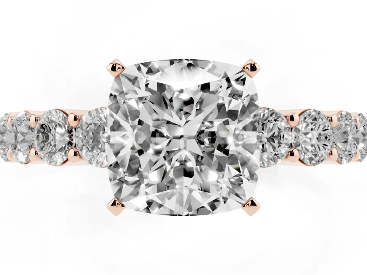 Cushion Cut Diamond Solitaire Ring with Shared Prong Round Side Stones Rose gold