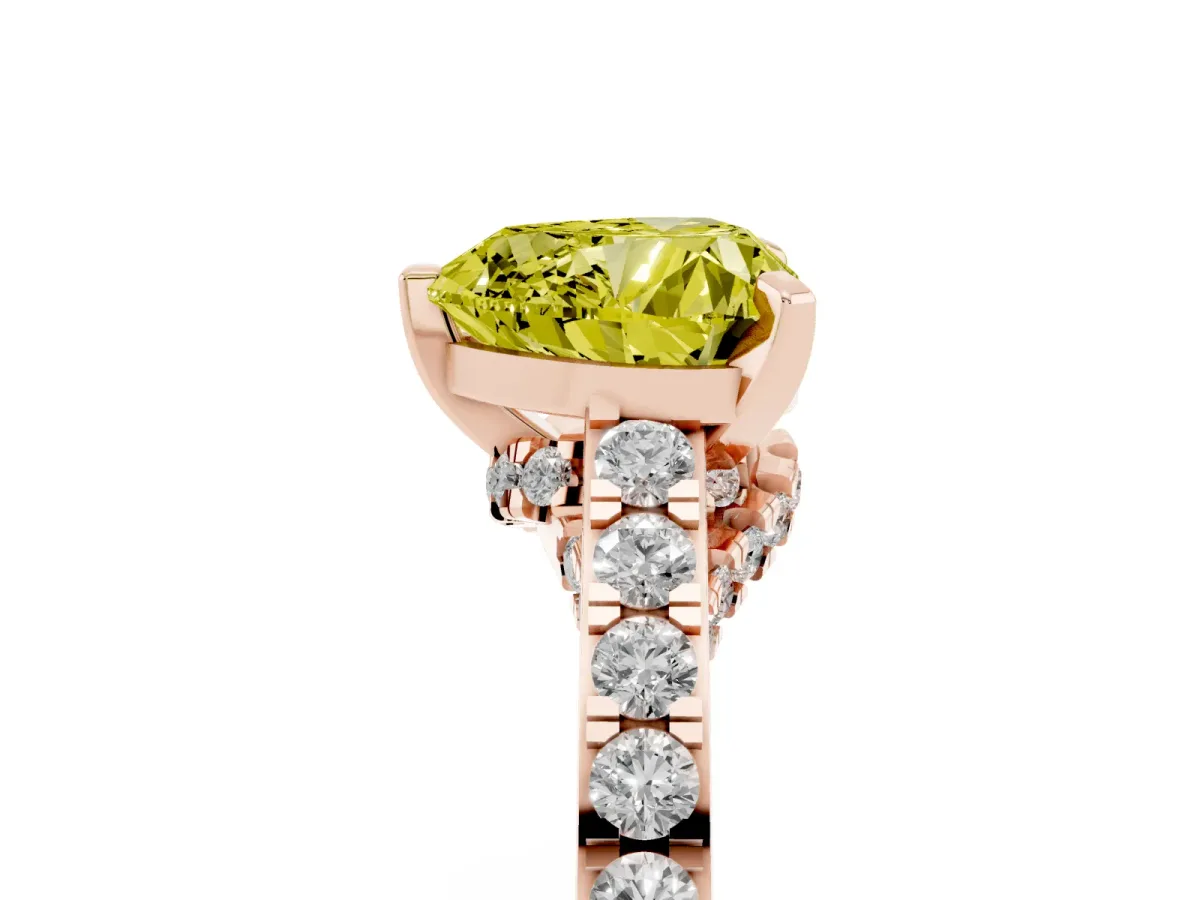Fancy Yellow Heart Cut Diamond Solitaire Ring with Crossover Gallery and Round Pavé Band Rose gold