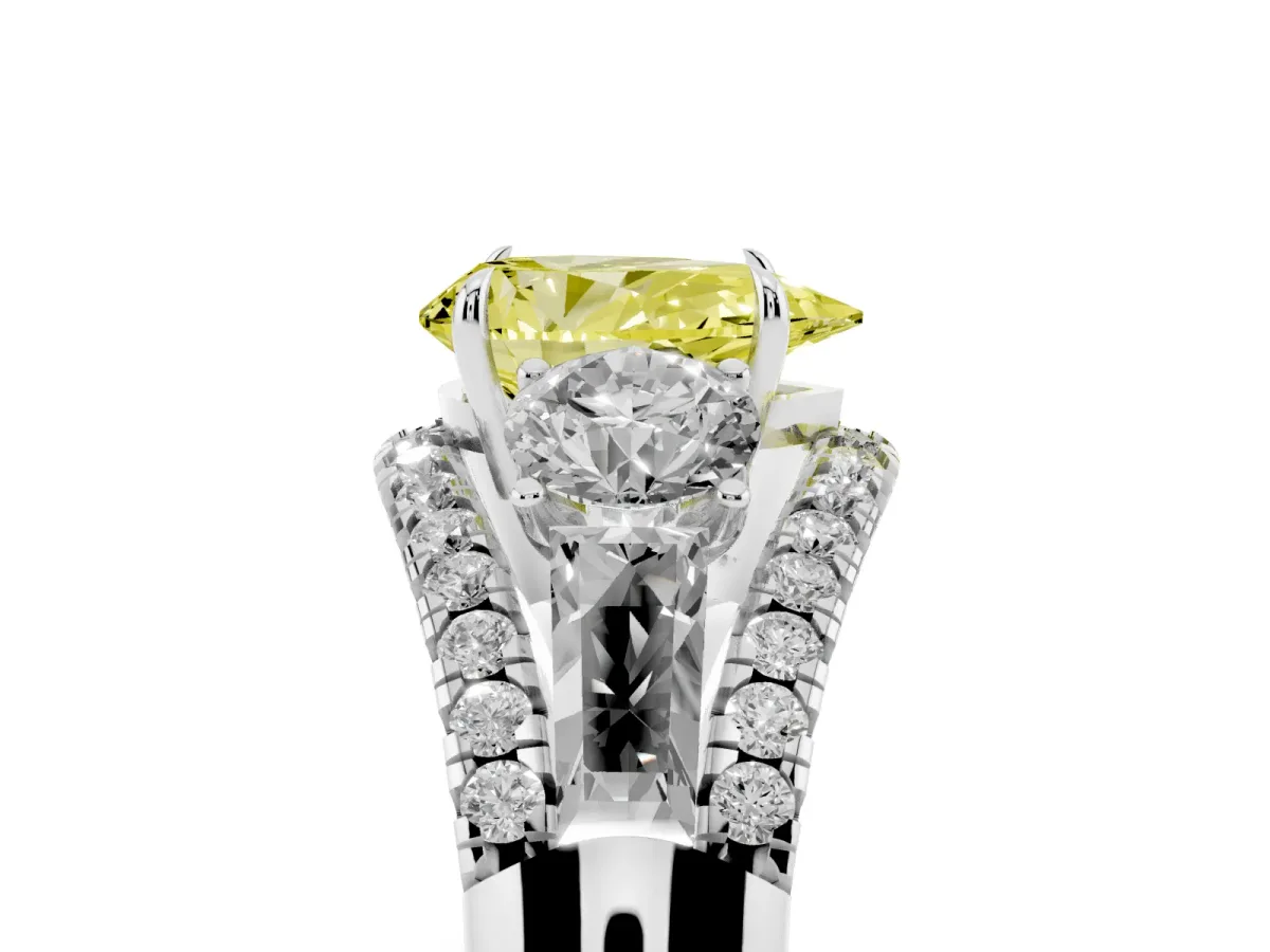 Fancy Yellow Three-Stone Pear Cut Diamond Engagement Ring with Pave Band and Prong Setting Silver