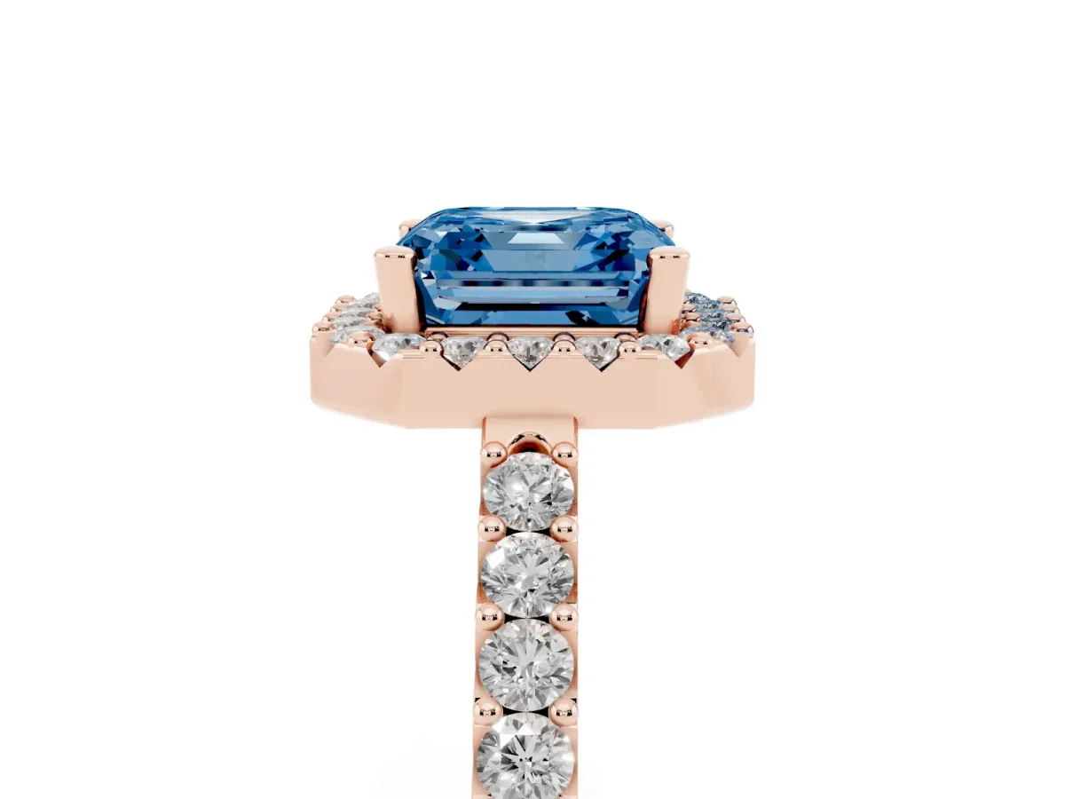 Fancy Blue Asscher Cut Halo Diamond Pavé Solitaire Ring Rose gold